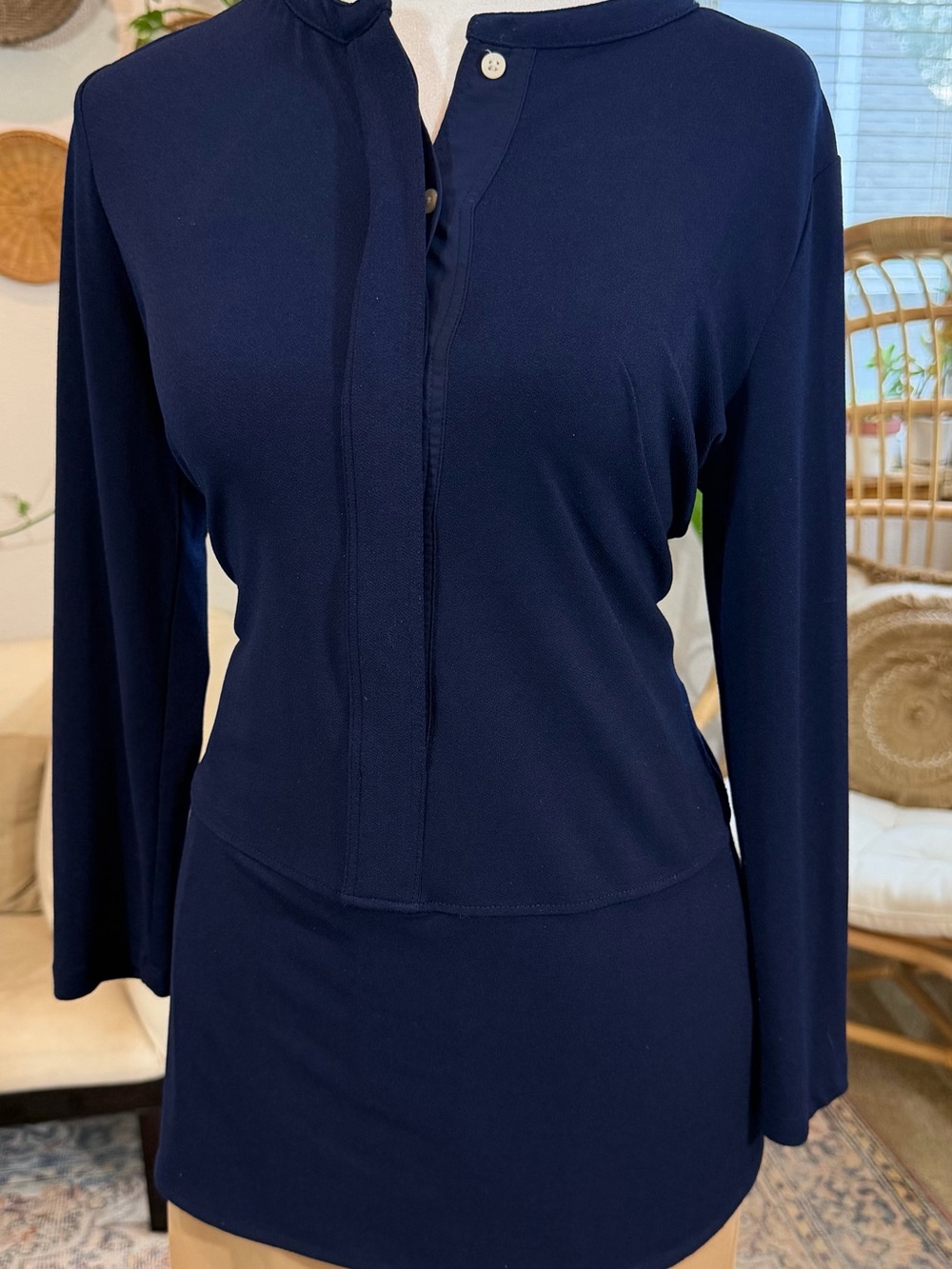 Lauren Ralph Lauren Navy Tunic Top PM Petite Medium Split Neck Long Sleeve Fall - Picture 4 of 12